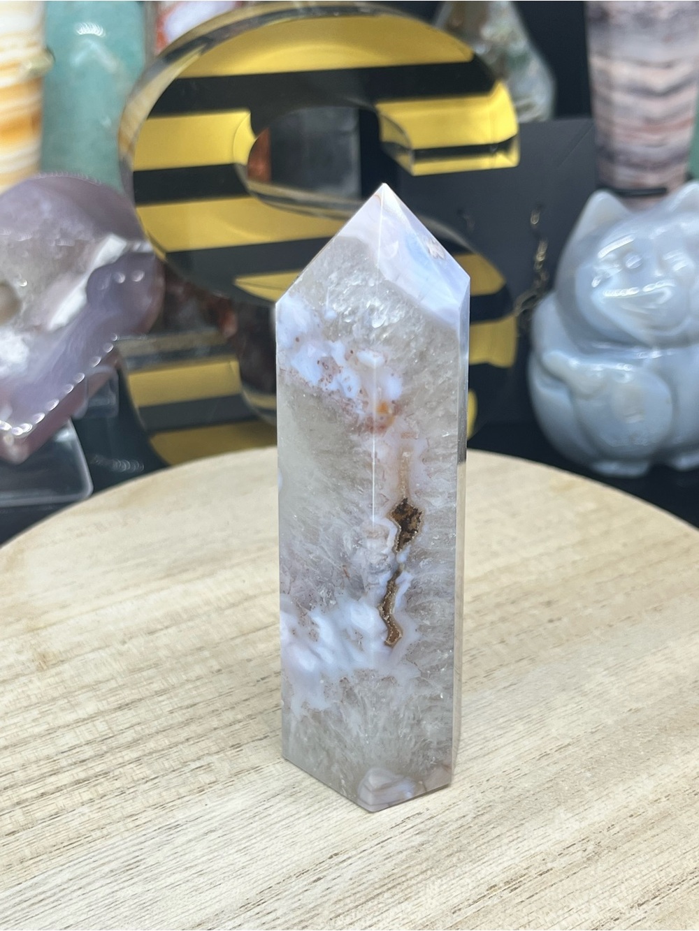 1️⃣Blue flower Agate Crystal Point Tower — Lavender and Gray Decorative Accent